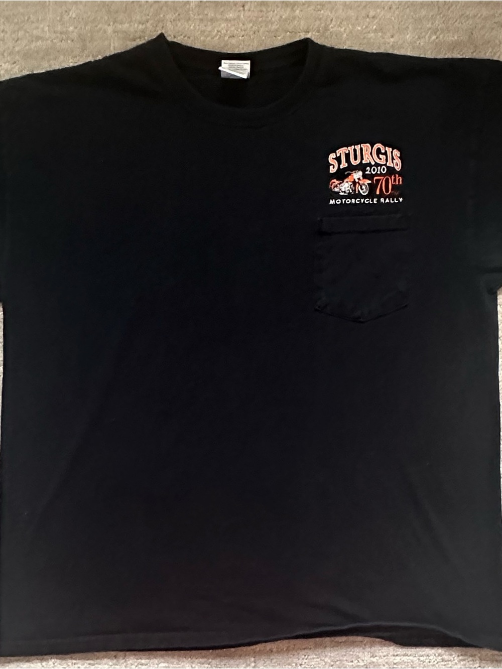 Sturgis 2010 70th Gildan Black Short Sleeve Pocket Tee with Orange Rally Graphic
